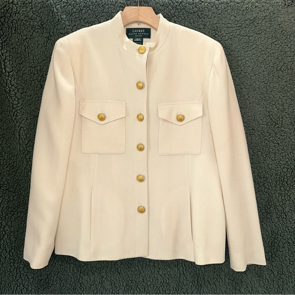 Vintage Lauren Ralph Lauren Wool Blazer Suit Jacket Cream Gold Size 12P USA - Picture 1 of 9